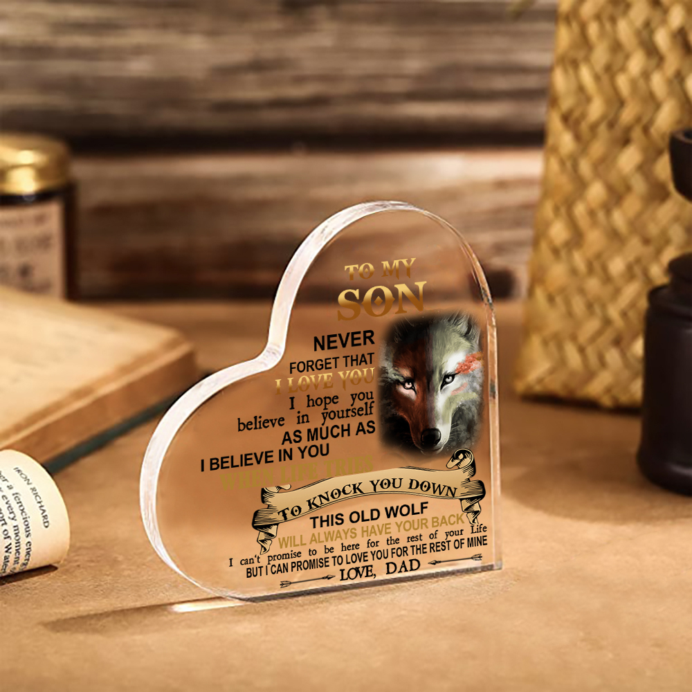 To My Son Acrylic Heart Keepsake Dad to Son Heart Ornament - This Old Wolf Will Always Have Your Back-Jessemade AU