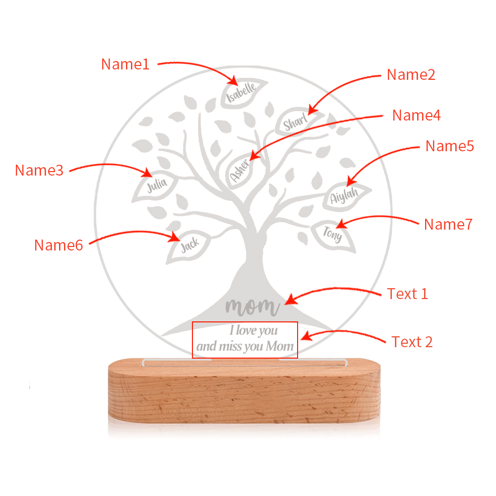 Personalised Family Tree Night Light Engraved 7 Names Wooden LED Lamp-Jessemade AU