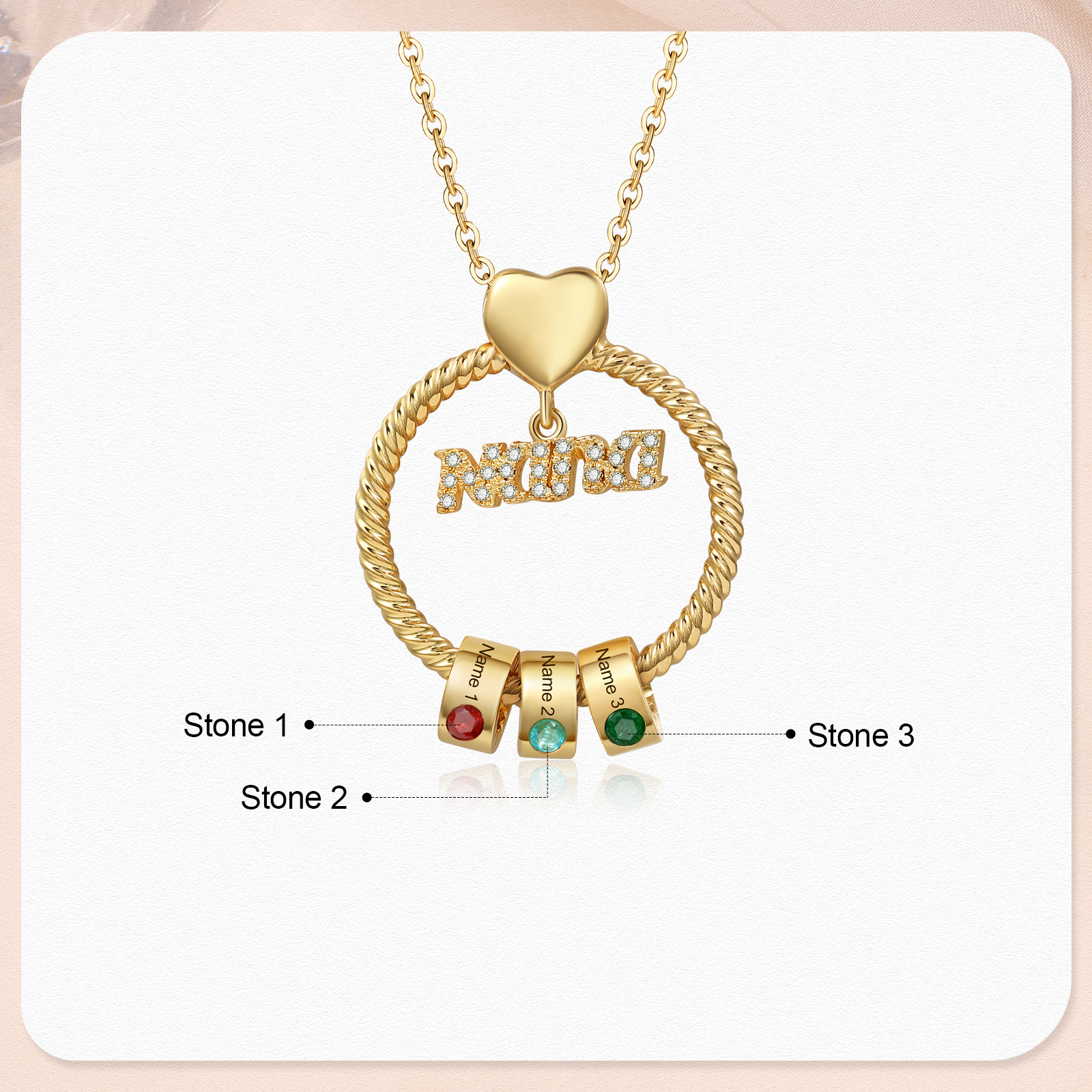 3 Names - Personalised Nana Necklace Custom Names & Birthstones Circle Pendant Necklace Gift for Grandma Nana-Jessemade AU