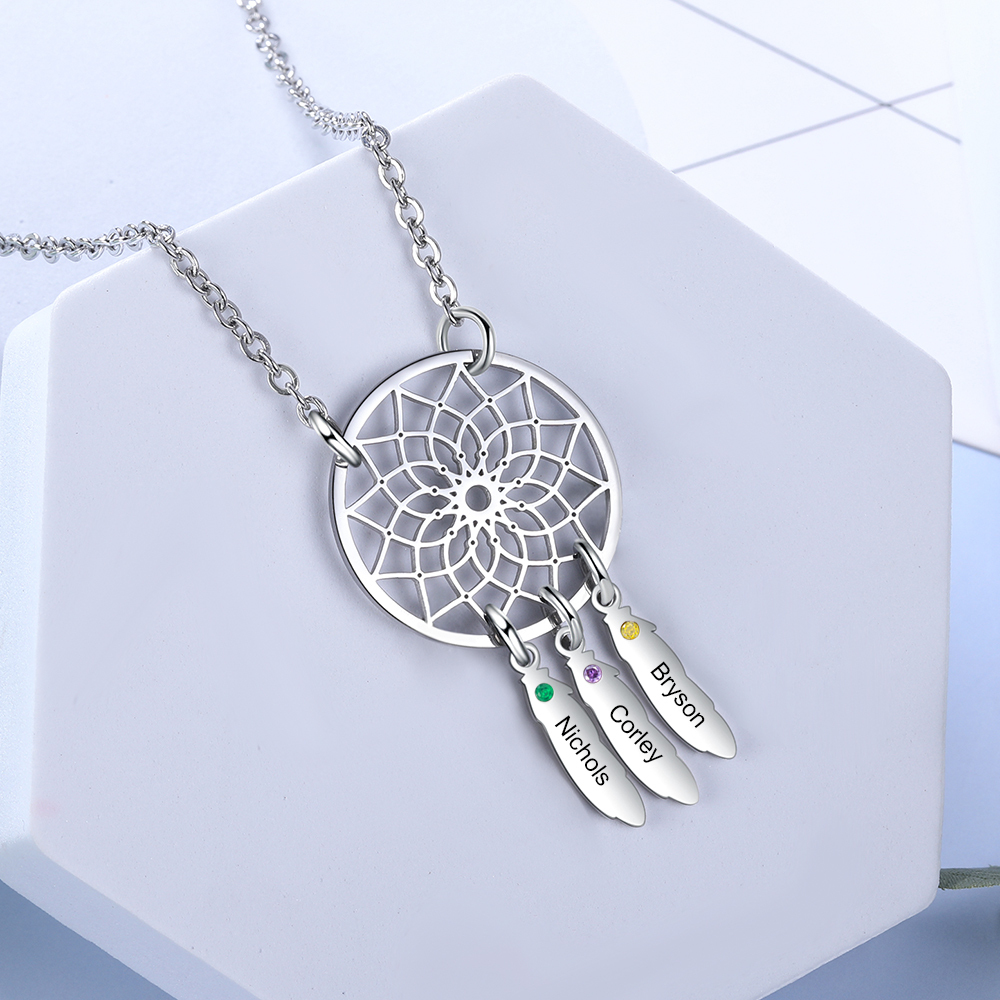 Personalised Dream Catcher Necklace With 3 Birthstones Engraved Names Gift For Women-Jessemade AU