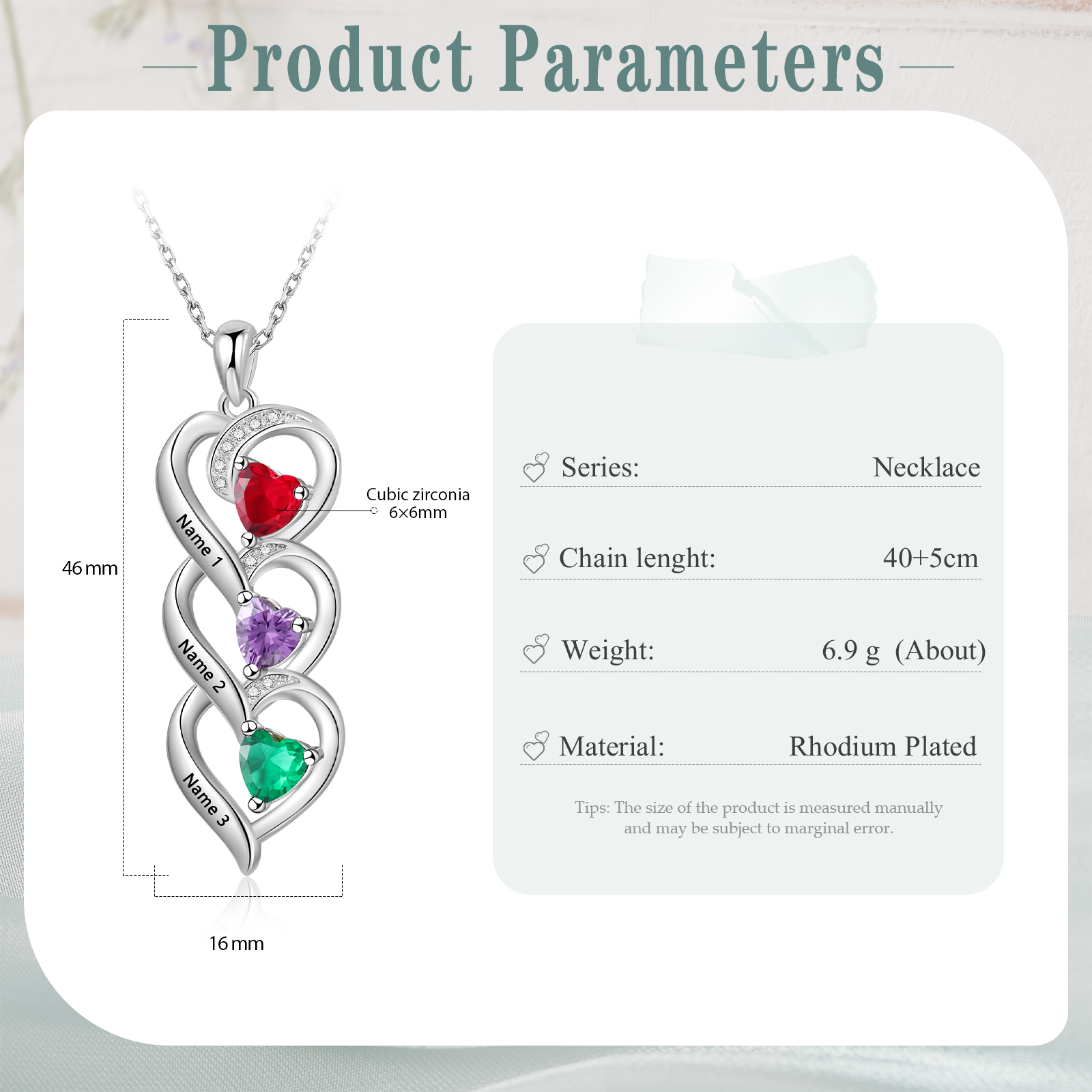 Personalised 3 Birthstones & 3 Names Necklace Custom Heart Pendant Necklace Gifts for Her-Jessemade AU