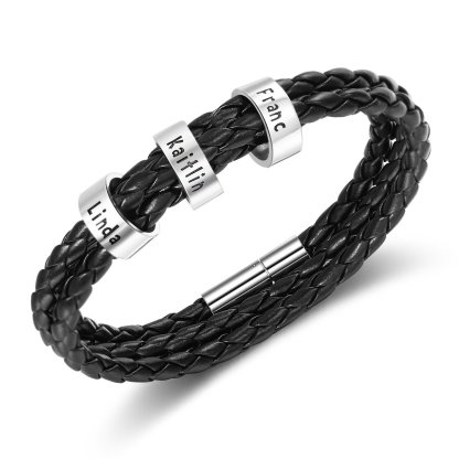 Personalised Braided Leather Bracelet for Men With Custom Engraved 2-6 Names Beads - Father's Day Gifts for Dad | Jessemade-Jessemade AU