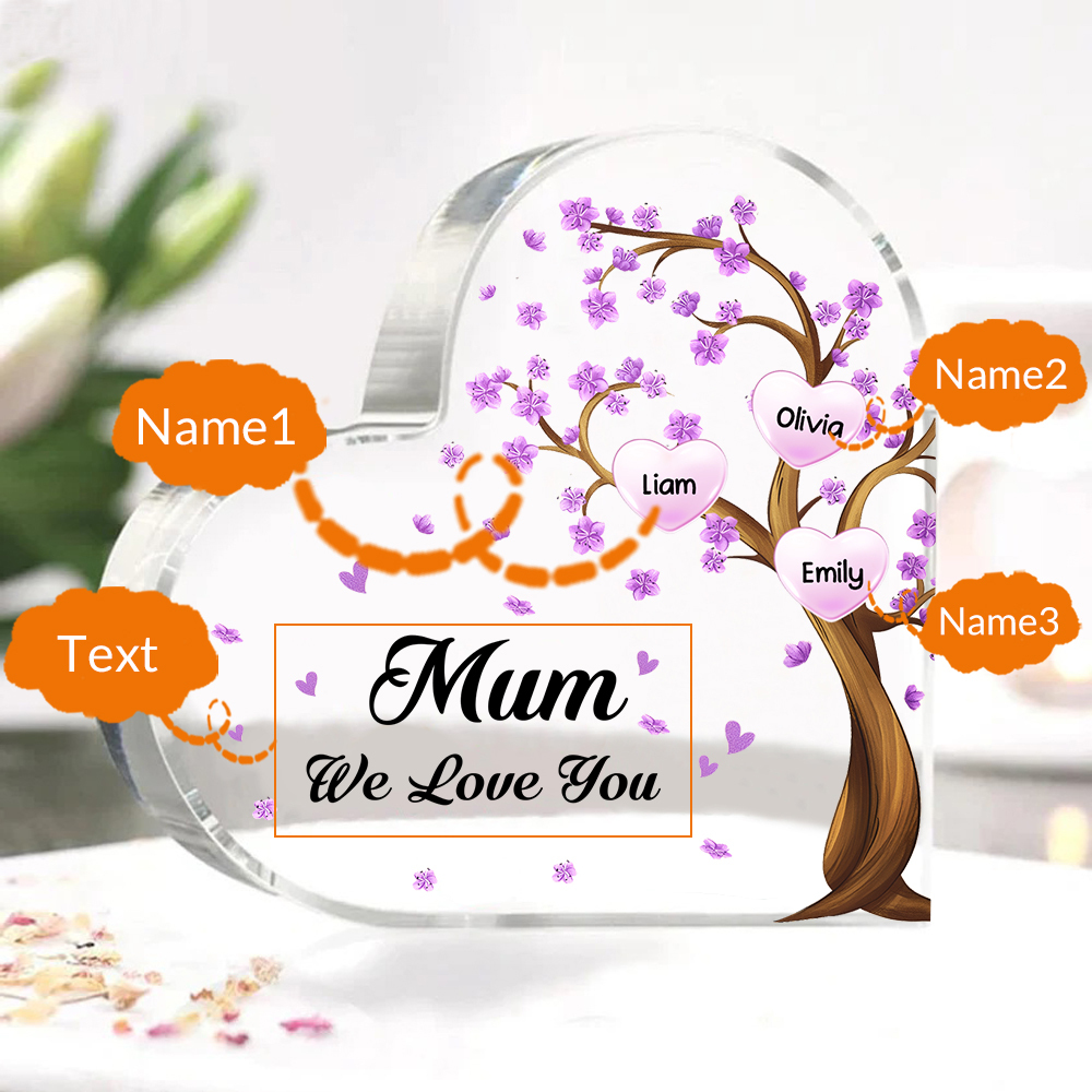 3 Names - Personalised Acrylic Heart Keepsake Custom Text Purple Flowers Tree Ornaments Gifts for Grandma/Mother-Jessemade AU