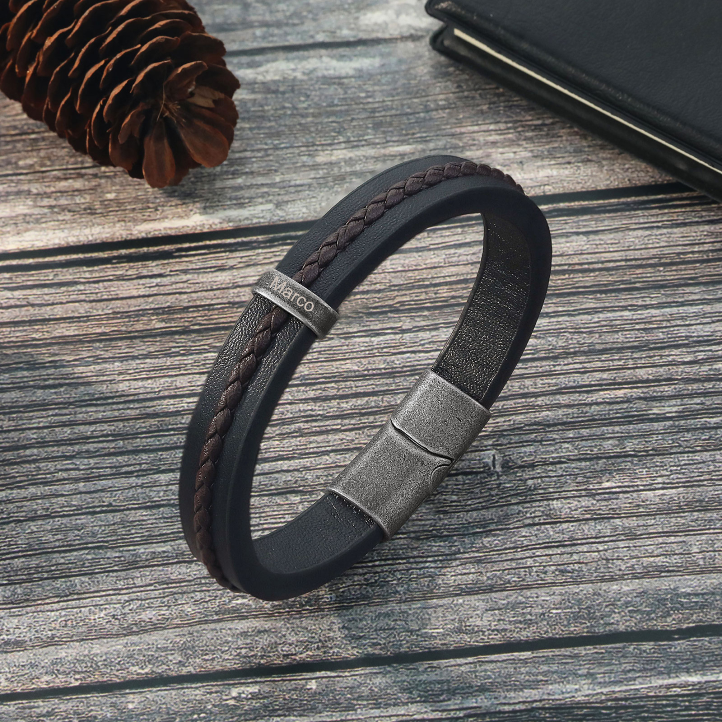 1 Name - Personalised Men's Leather Bracelet Custom Text Beaded Bracelets Vintage Gift for Him-Jessemade AU