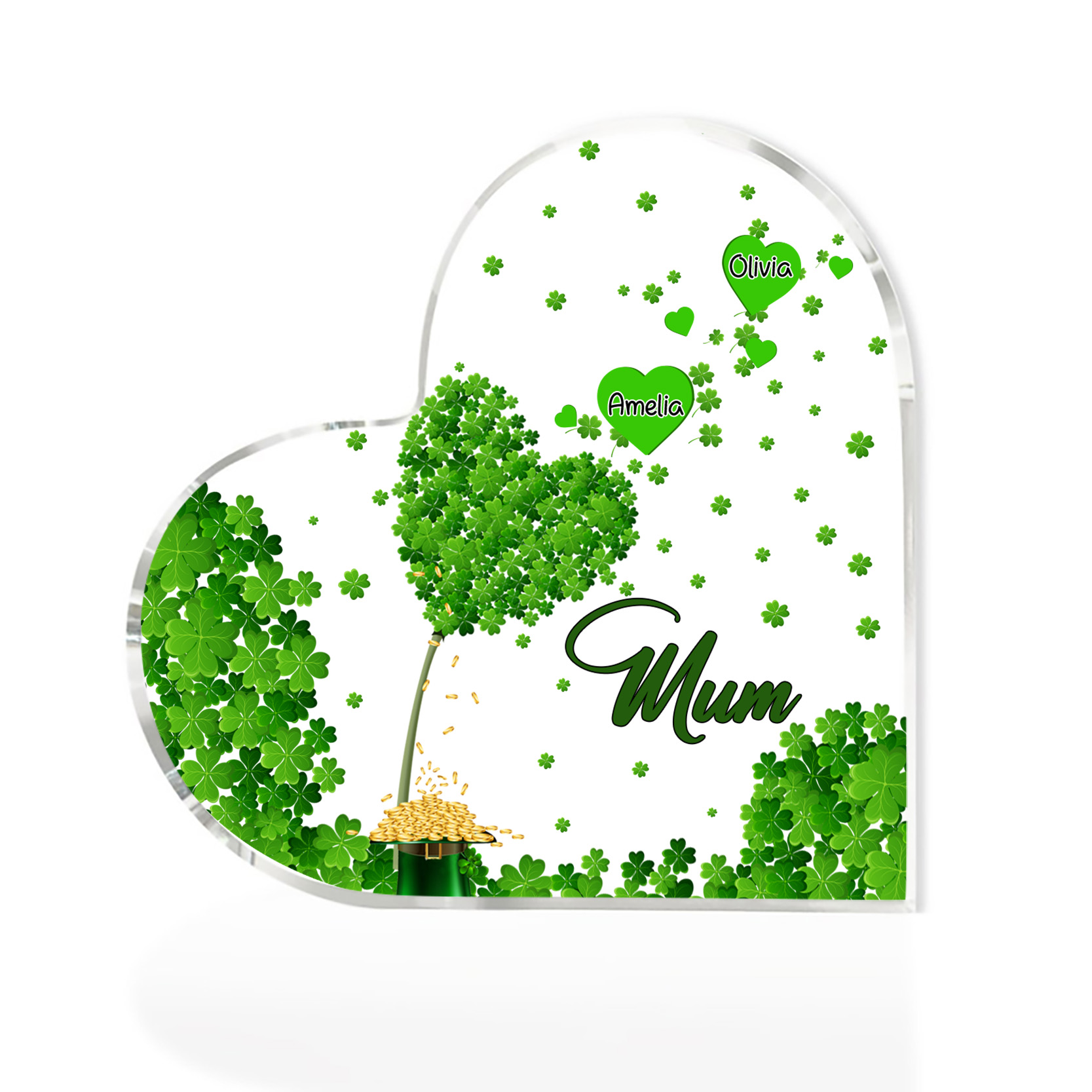 2 Names - Personalised Acrylic Heart Keepsake Custom Text Four-Leaf Clover Ornament Gift for Mother/Grandma-Jessemade AU