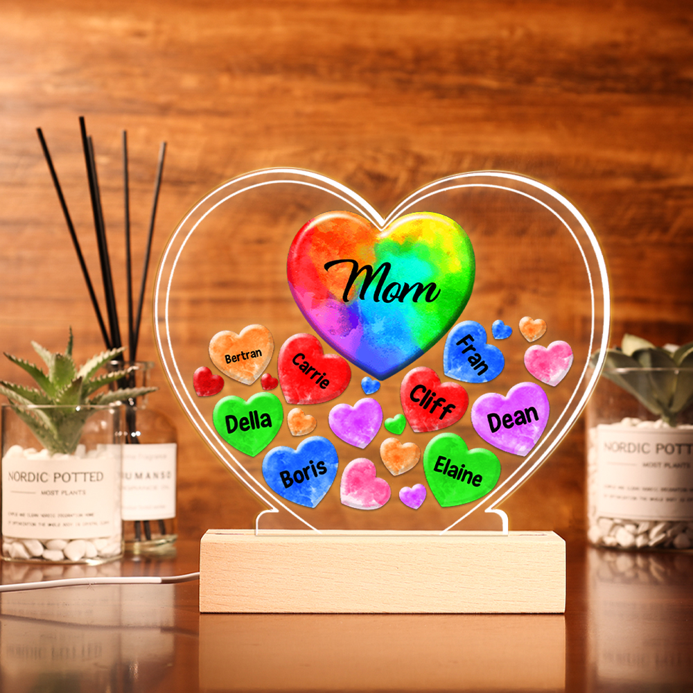 Personalised Text Acrylic Night Light Colourful Hearts Family Custom 1–14 Names LED Lamp Gifts For Mother/Grandma-Jessemade AU