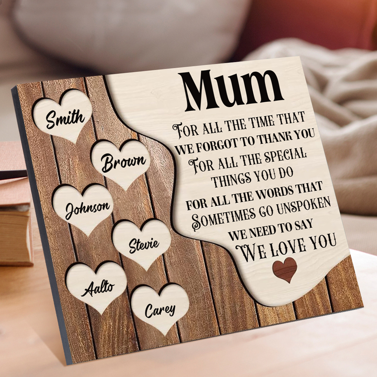 6 Names - Personalised Mum Wooden Plaque Custom Names Home Decoration Hearts Gift for Mother-Jessemade AU