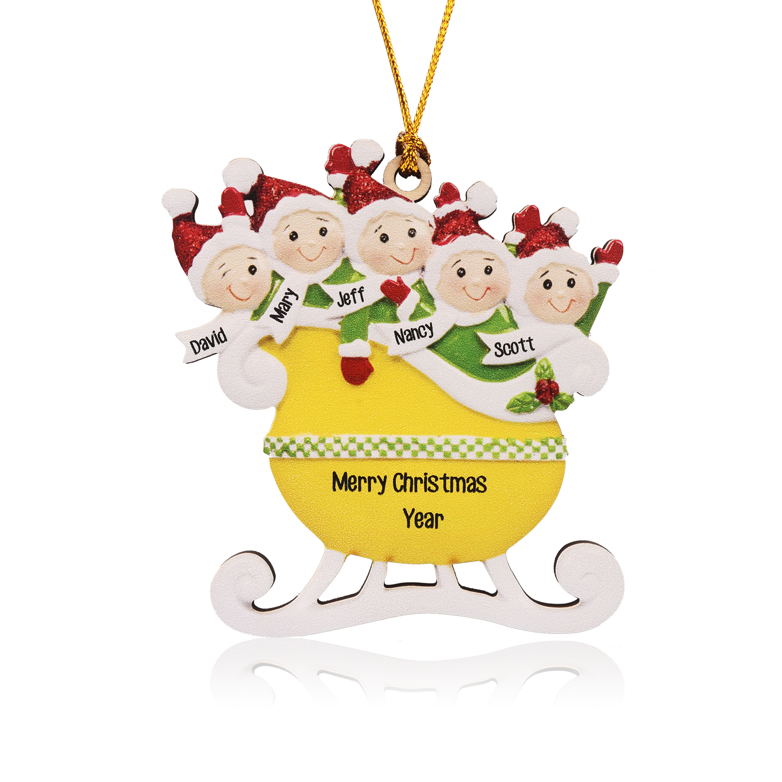 5 Names - Personalised Yellow Sleigh Family Christmas Ornament Customised Name & Text Wooden Hanging Ornaments Christmas Gift for Family-Jessemade AU