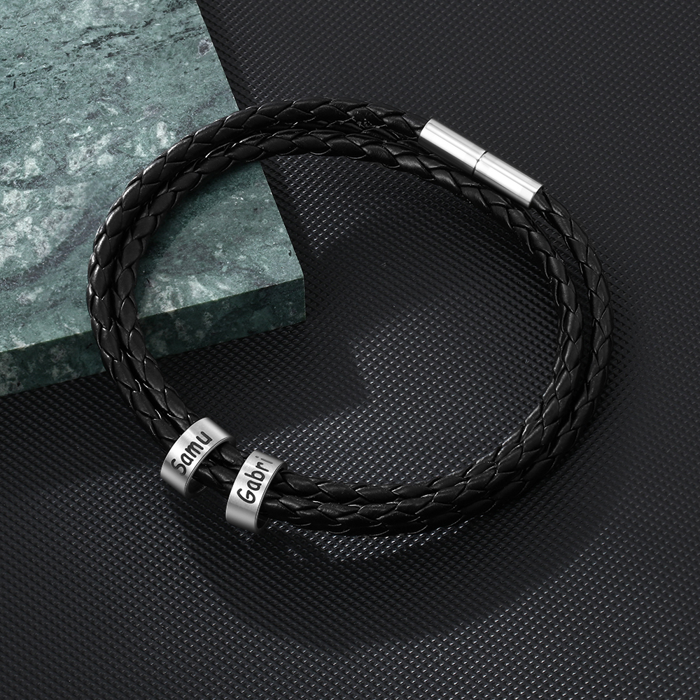 Leather Braided Bracelet Men Bracelets Personalised 2 Names 2 Beads Gift For Dad-Jessemade AU