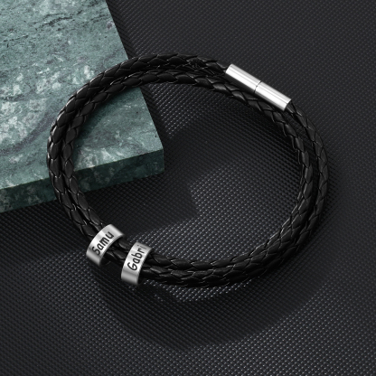 Leather Braided Bracelet Men Bracelets Personalised 2 Names 2 Beads Gift For Dad-Jessemade AU