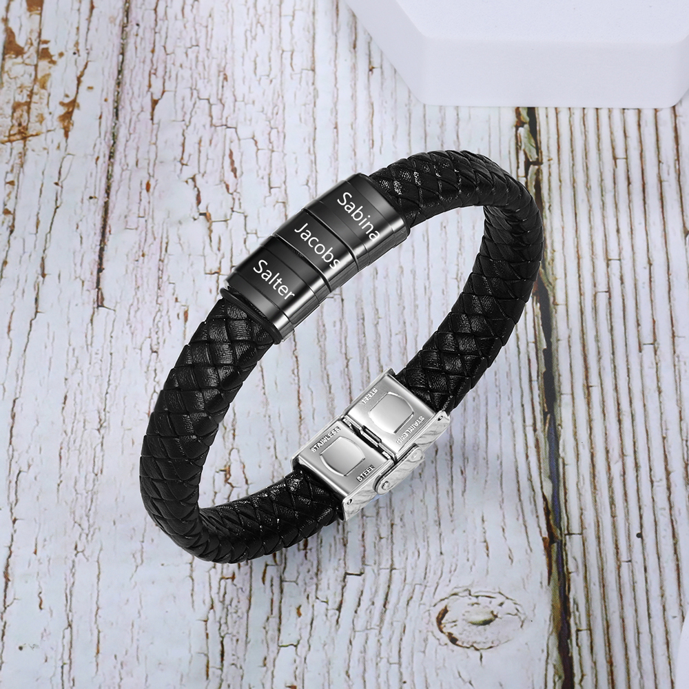 Men Leather Braided Bracelet Personalised with 3 Names Black-Jessemade AU