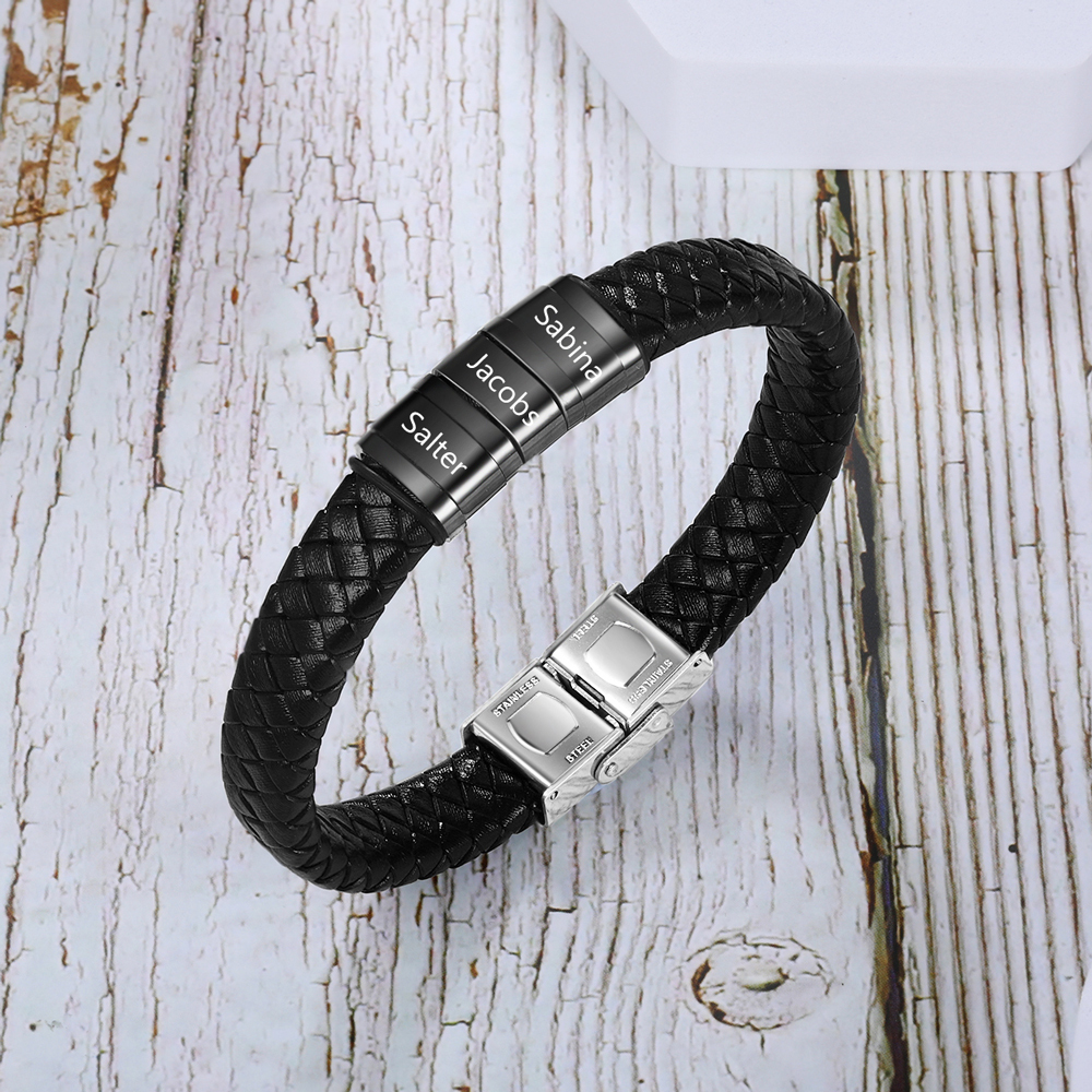 Men Leather Braided Bracelet Personalised with 3 Names Black-Jessemade AU