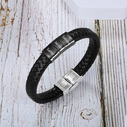 Men Leather Braided Bracelet Personalised with 3 Names Black-Jessemade AU