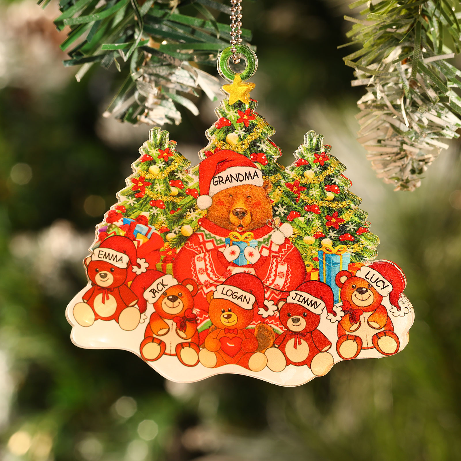 6 Names - Personalised Acrylic Christmas Bear Ornaments Customised Text & Name Xmas Pendant Gifts for Family-Jessemade AU