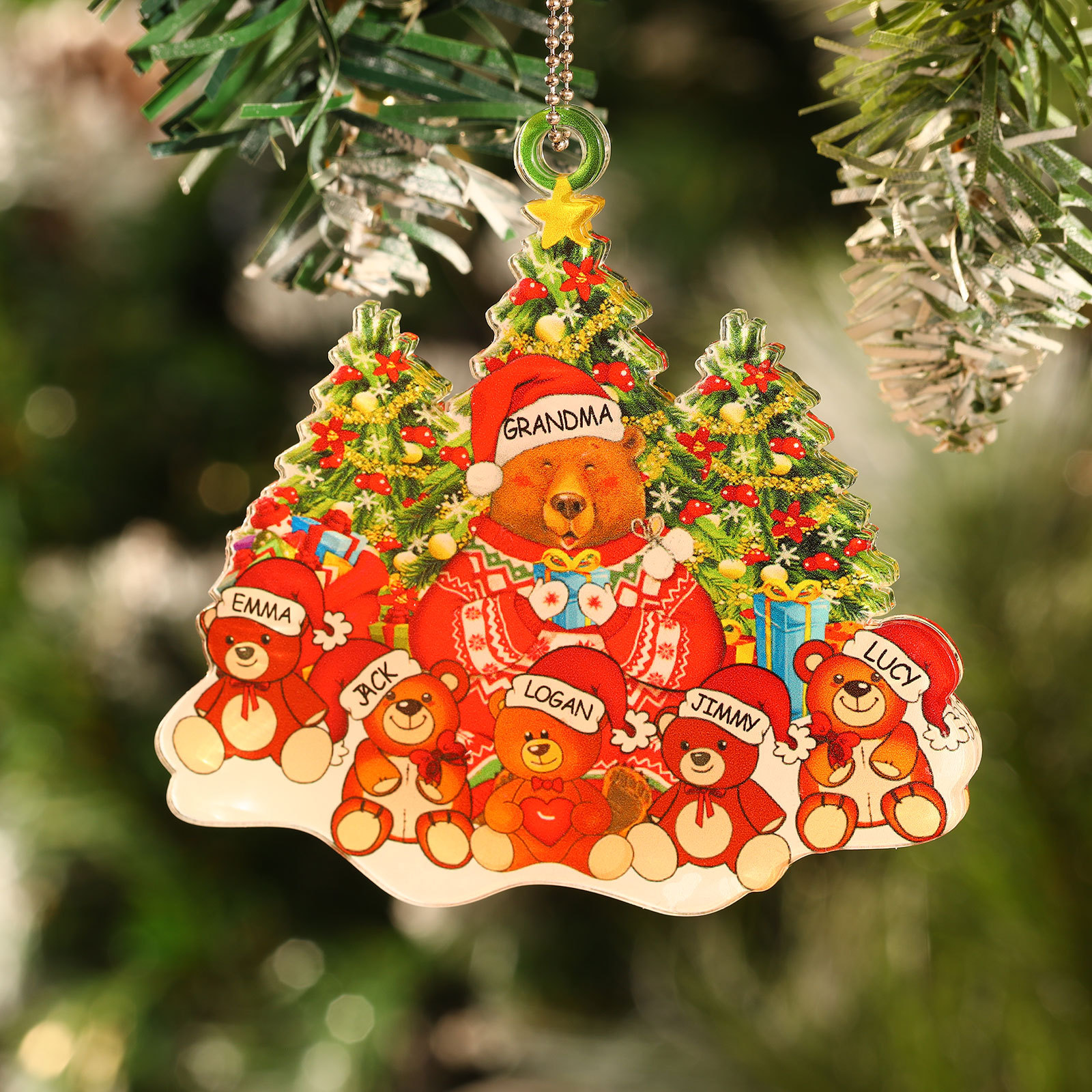 6 Names - Personalised Acrylic Christmas Bear Ornaments Customised Text & Name Xmas Pendant Gifts for Family-Jessemade AU