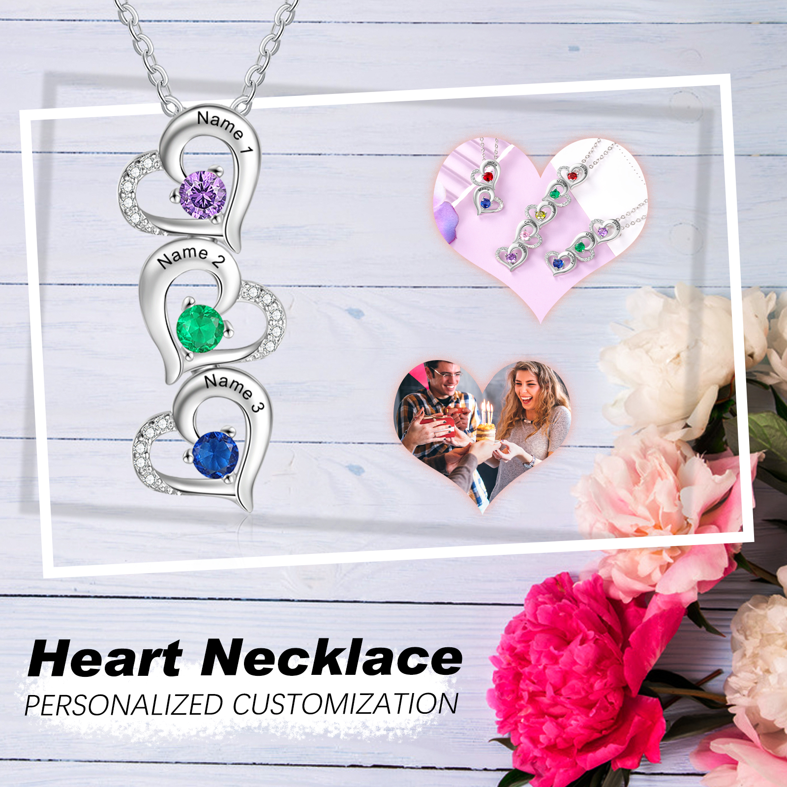 Personalised Heart Necklace With 3 Birthstones Engraved Names Gift For Her-Jessemade AU
