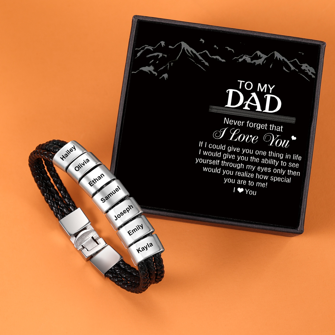 Personalised Braided Leather Bracelet Engraved 7 Names Men's Bracelet for Him-Jessemade AU