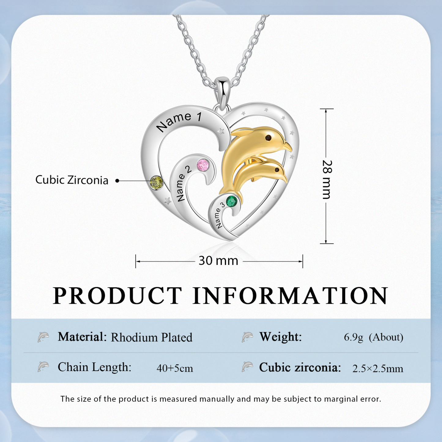 Personalised Heart Dolphin Pendant Necklace Custom 3 Birthstones Engraved 3 Names Necklace Gift for Her-Jessemade AU