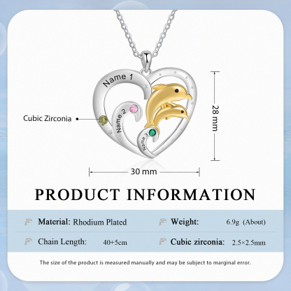 Personalised Heart Dolphin Pendant Necklace Custom 3 Birthstones Engraved 3 Names Necklace Gift for Her-Jessemade AU