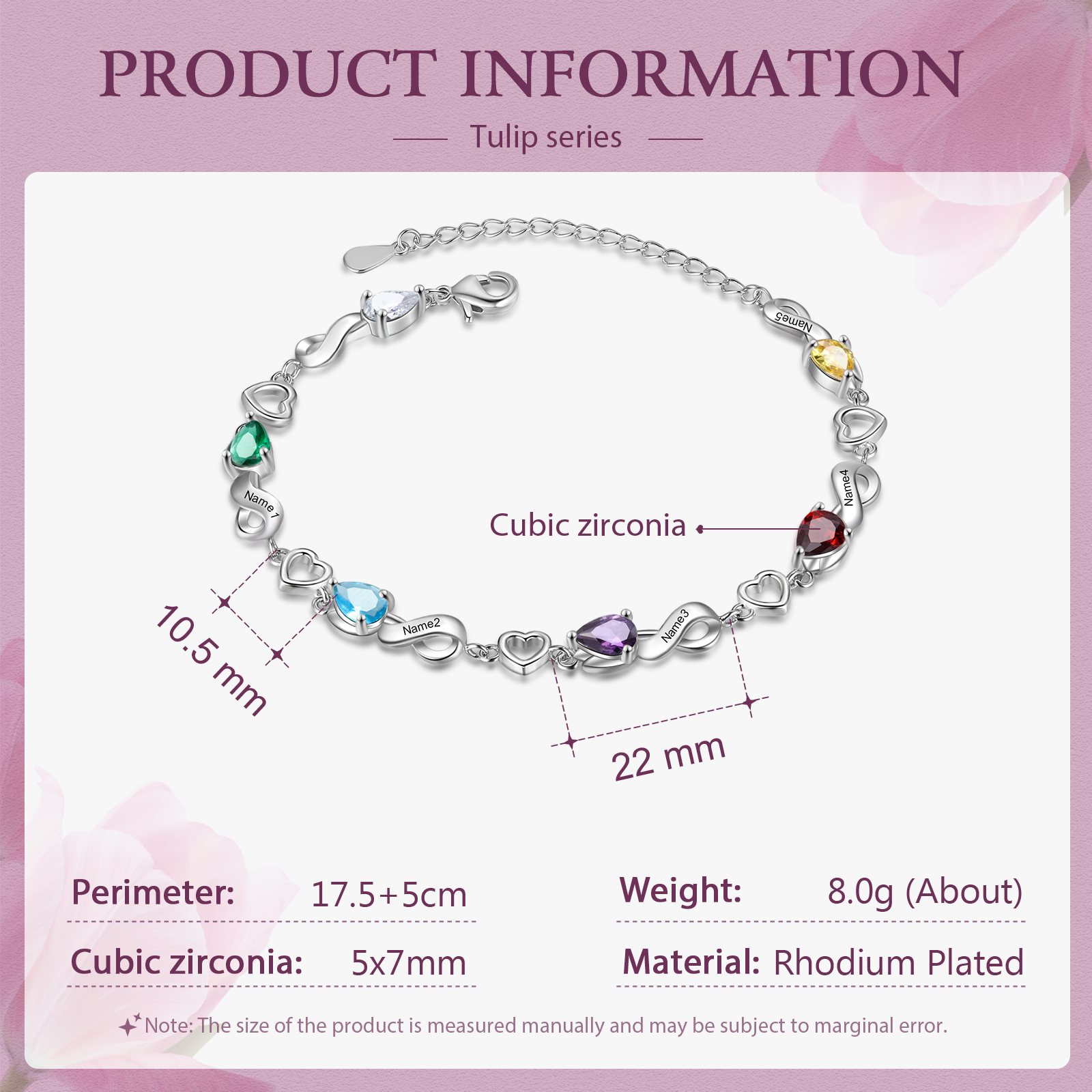 Personalised 5 Birthstones Heart Bracelet Engraved Names Bracelet Gifts For Women-Jessemade AU