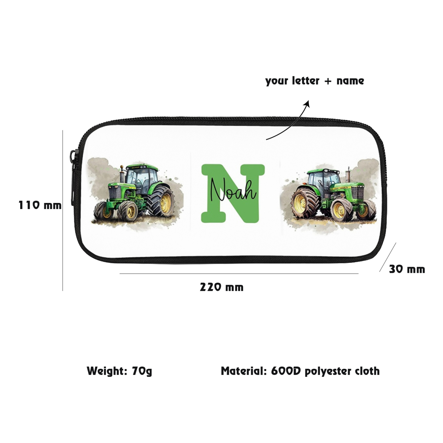 Personalised  Name Pencil Case Green Bulldozer Pen Bag Zipper Back to School Gifts for Student-Jessemade AU