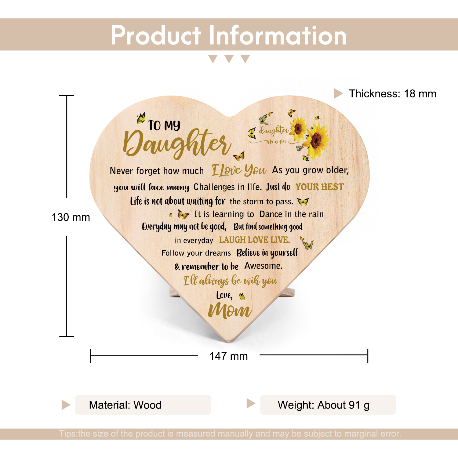 To My Daughter Wooden Heart Keepsake Desktop Ornament-Believe in yourself & remember to be Awesome-Jessemade AU