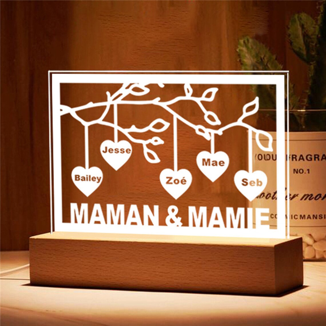 Personalised Family Tree Night Light LED Sign Engraved 5 Names Plaque USB Power Lamp-Jessemade AU