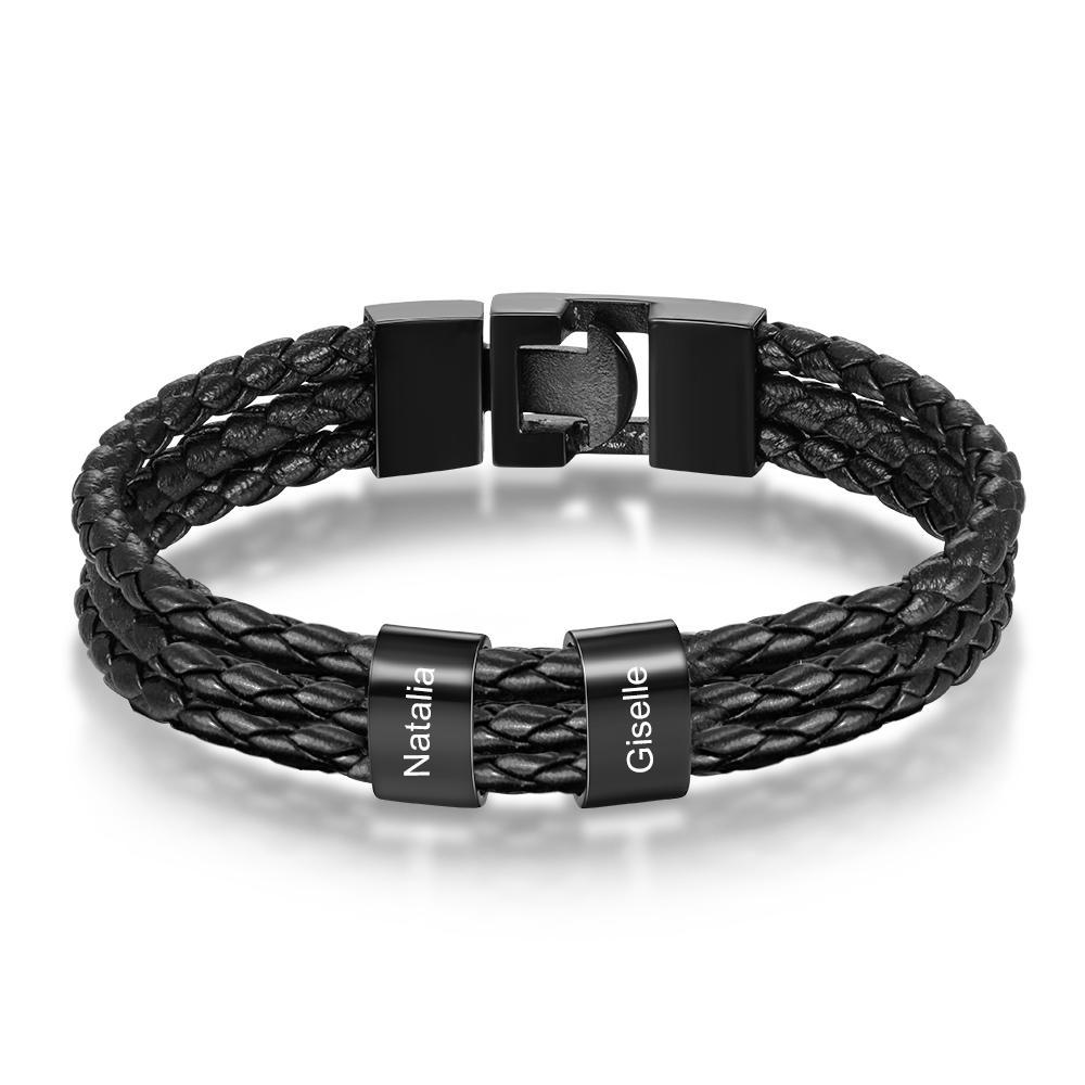 Personalised Braided Leather Bracelet Engraved 2 Names Men's Bracelet Gifts For Him-Jessemade AU