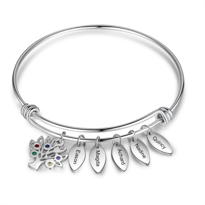 Personalised Family Tree Bracelet with 5 Birthstones Leaf Charms Bangle for Her-Jessemade AU