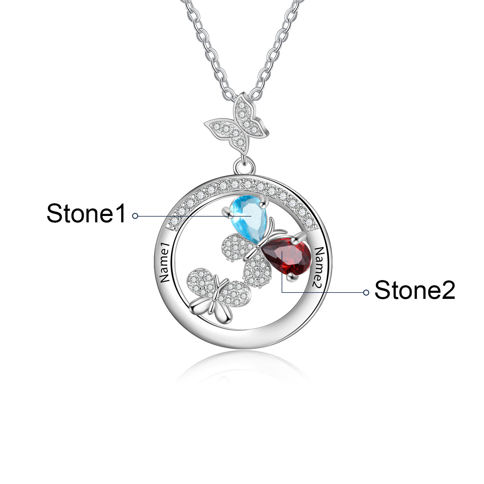 Personalised Butterfly Necklace With 2 Birthstones Custom Names Best Gift For Her-Jessemade AU