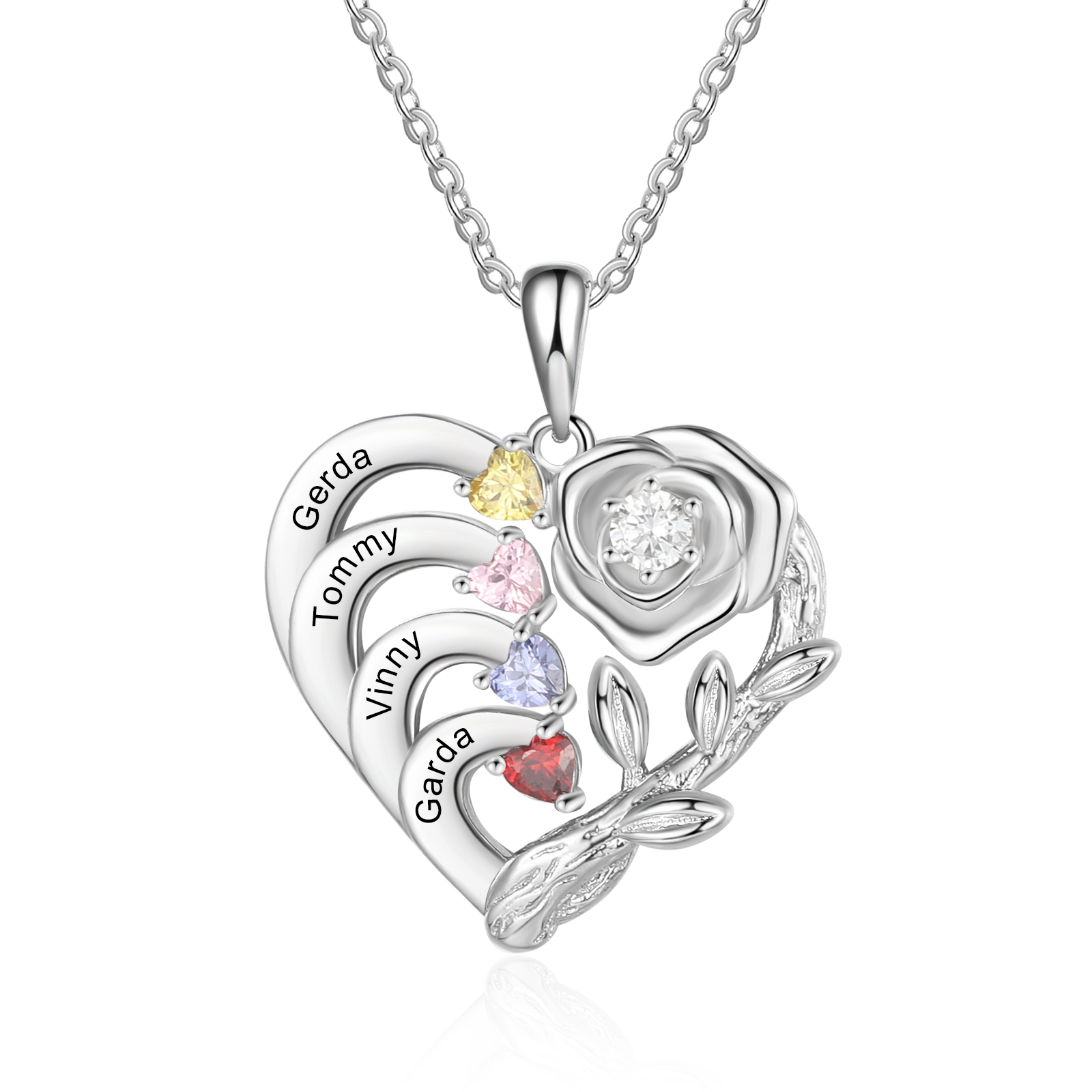 Personalised Rose Necklace with Birthstones Engraved 4 Names Intertwined Heart Pendant Necklace Gifts for Mother-Jessemade AU