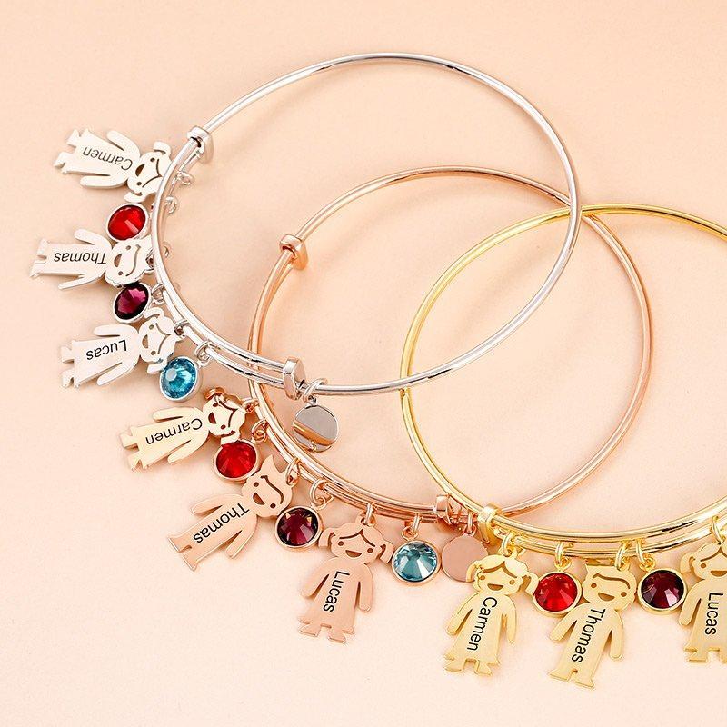 Bangle Bracelet with Kids Charms Persoanlized with 4 Birthstone Custom Bracelets Rose Box Set-Jessemade AU