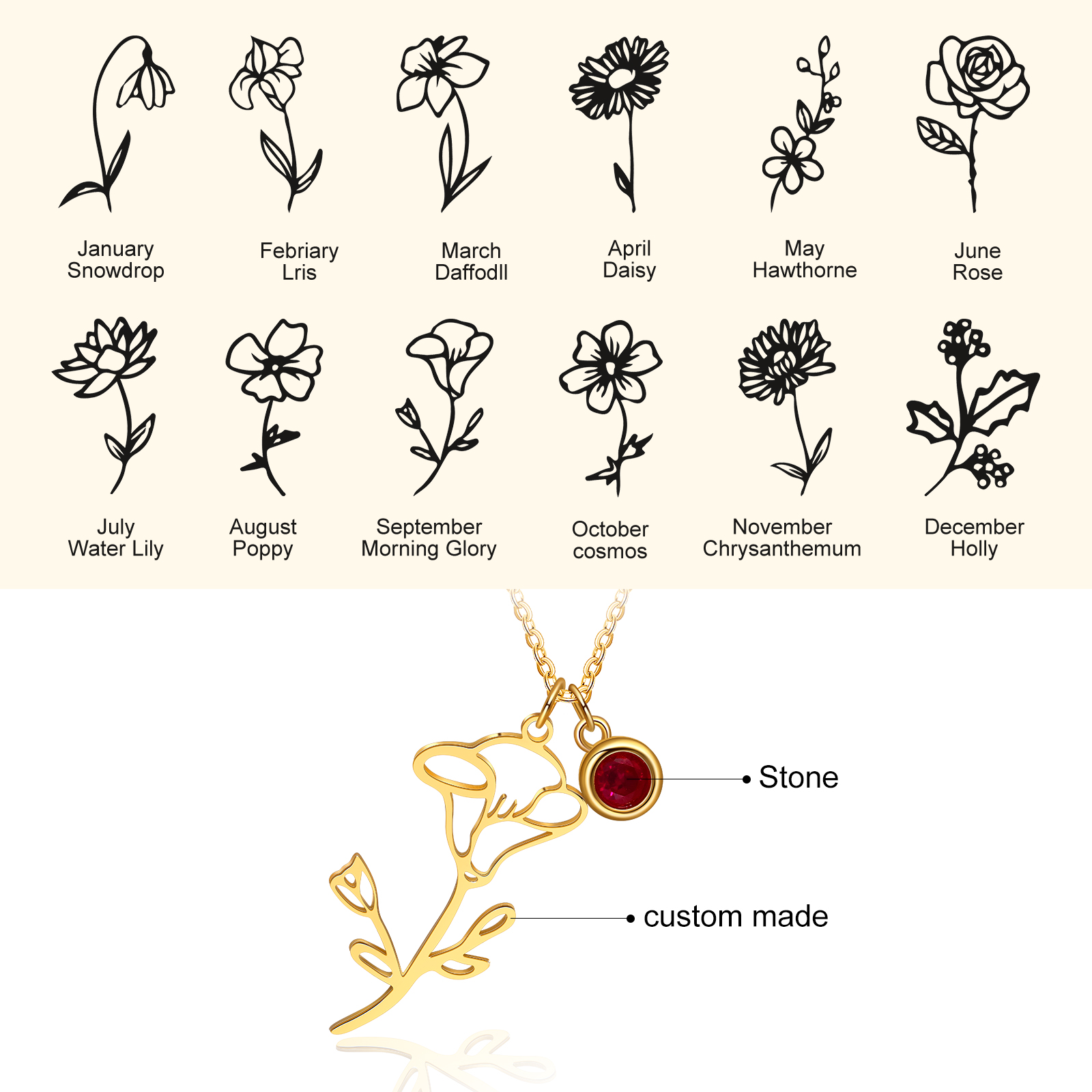 Personalised Flowers Necklace With 1 Birthstones Best Gift For Women-Jessemade AU