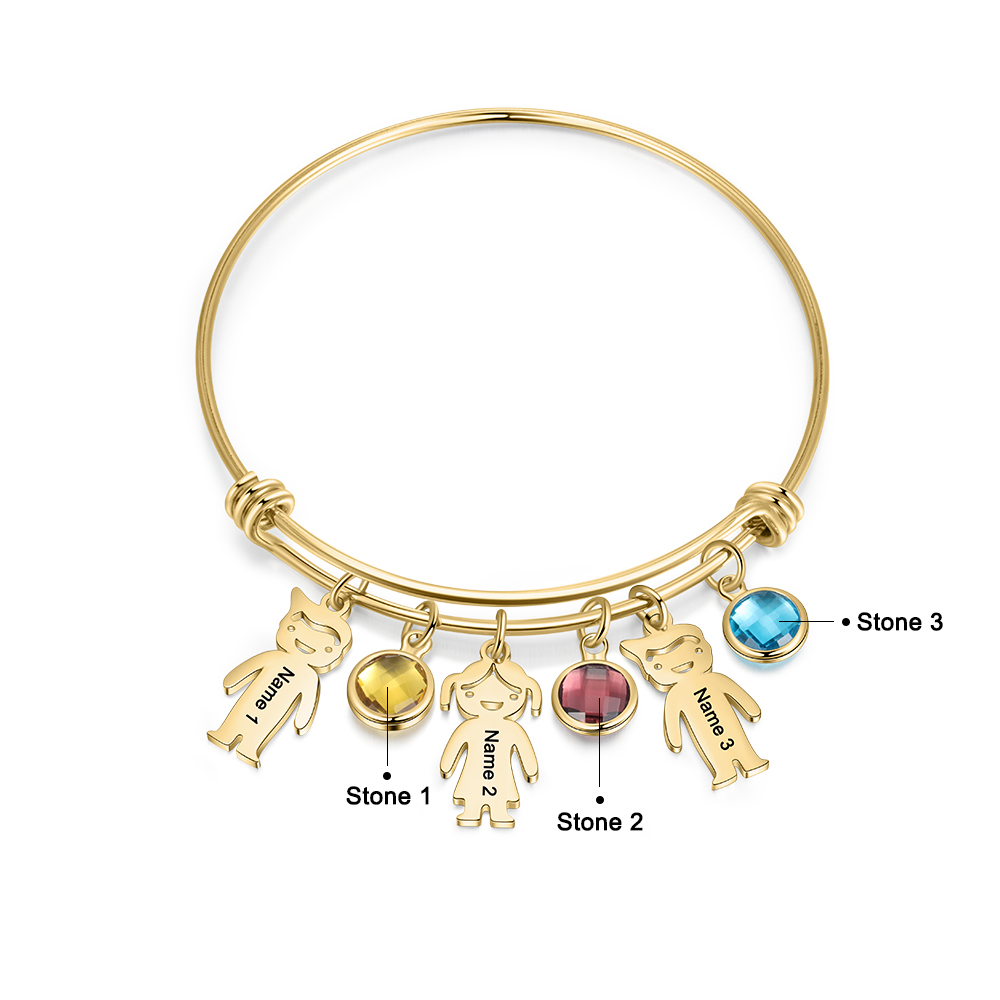 Personalised Kid Charms Bangle Bracelet With Names Customised 3 Birthstones Gift for Her-Jessemade AU