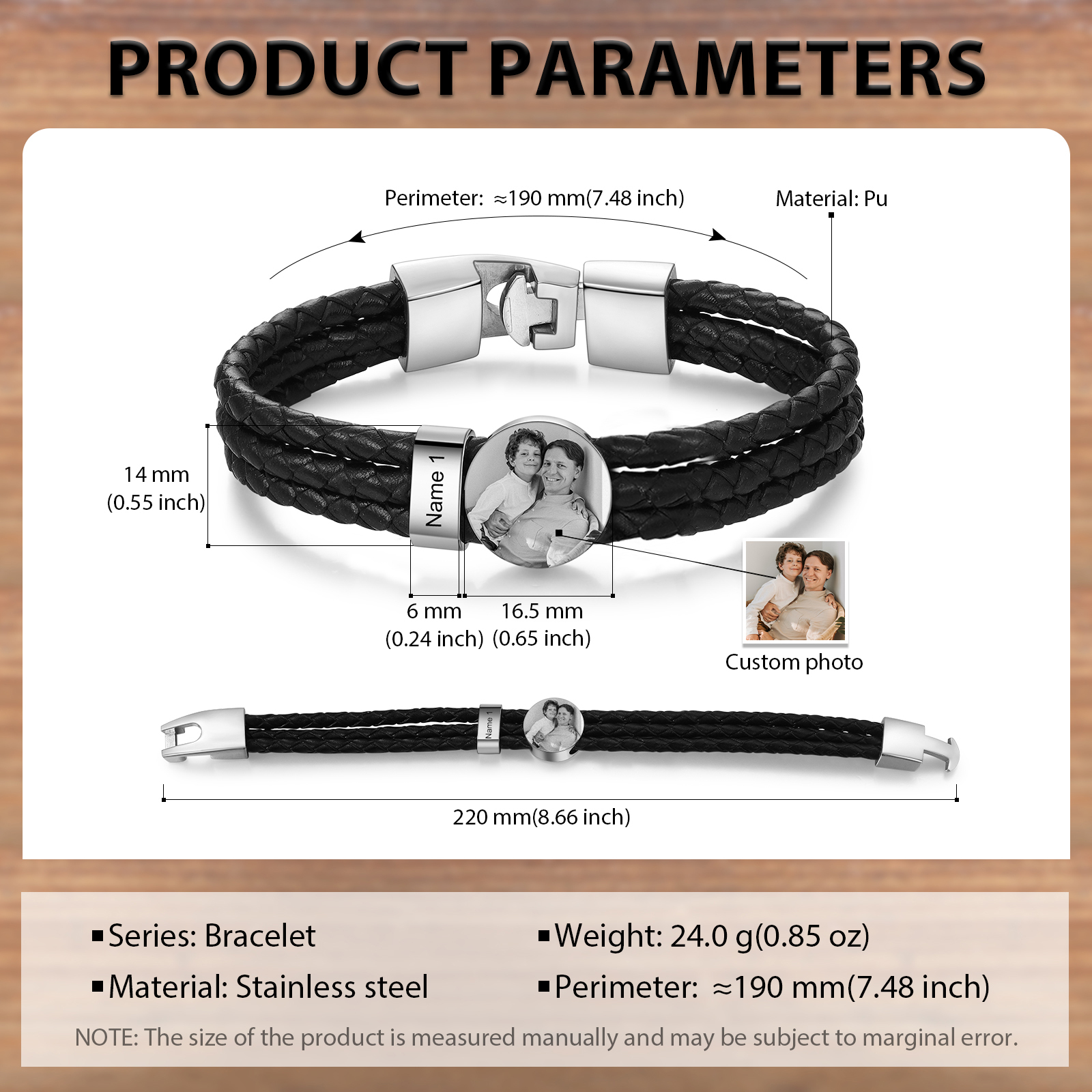 Personalised Men's Leather Bracelet Custom 1 Name & 1 Photo Braided Bracelet Father's Day Gifts for Him-Jessemade AU