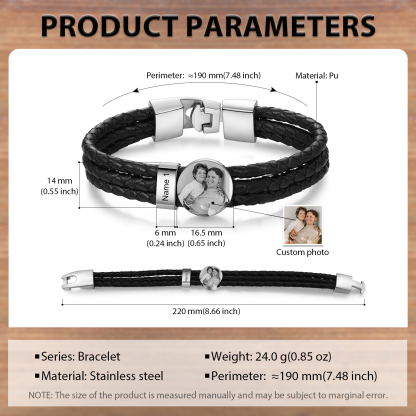 Personalised Men's Leather Bracelet Custom 1 Name & 1 Photo Braided Bracelet Father's Day Gifts for Him-Jessemade AU