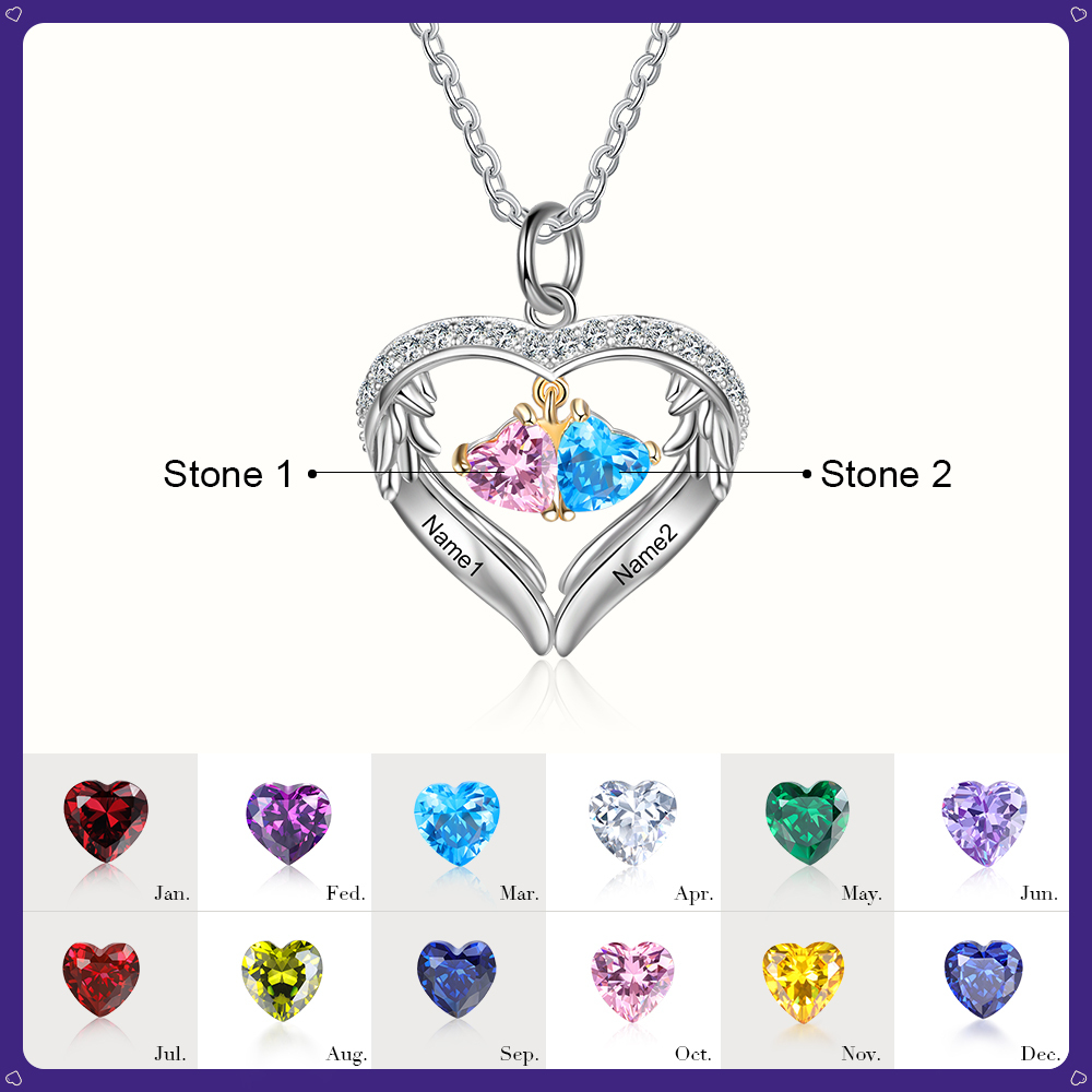 Personalised Wings Necklace With 2 Heart Birthstones Engraved Names Gift For Women-Jessemade AU