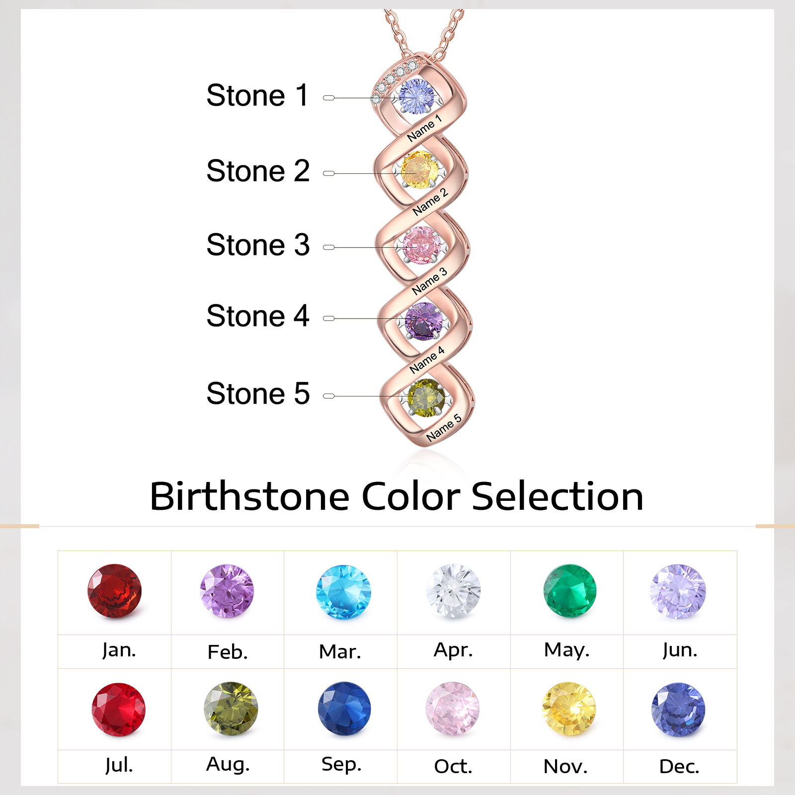 Custom Family Necklace with 5 Birthstones Engraving Names Dancing Stone Necklace-Jessemade AU