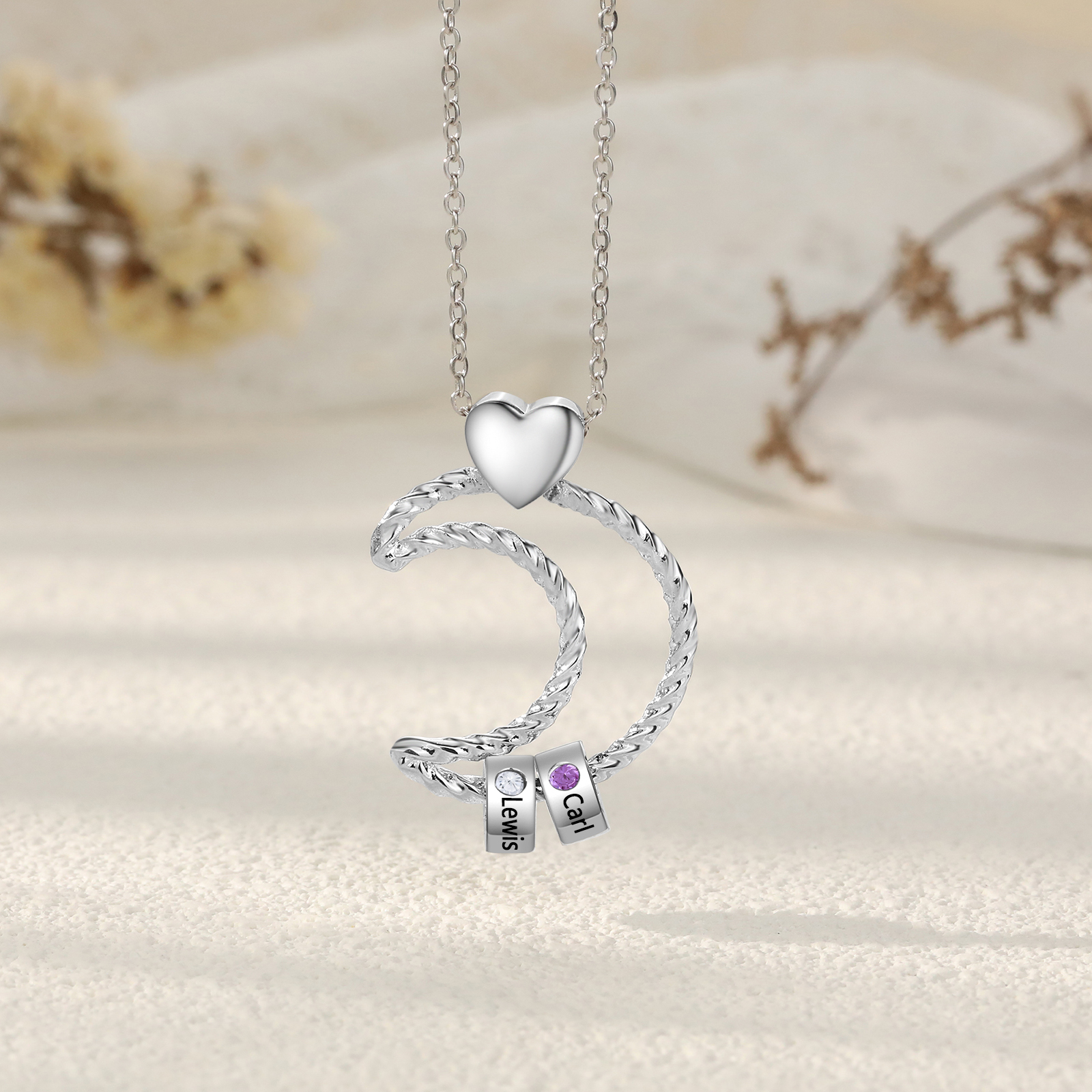 2 Names - Personalised Moon Pendant Necklace Custom Birthstones & Names Necklace Gift for Her-Jessemade AU