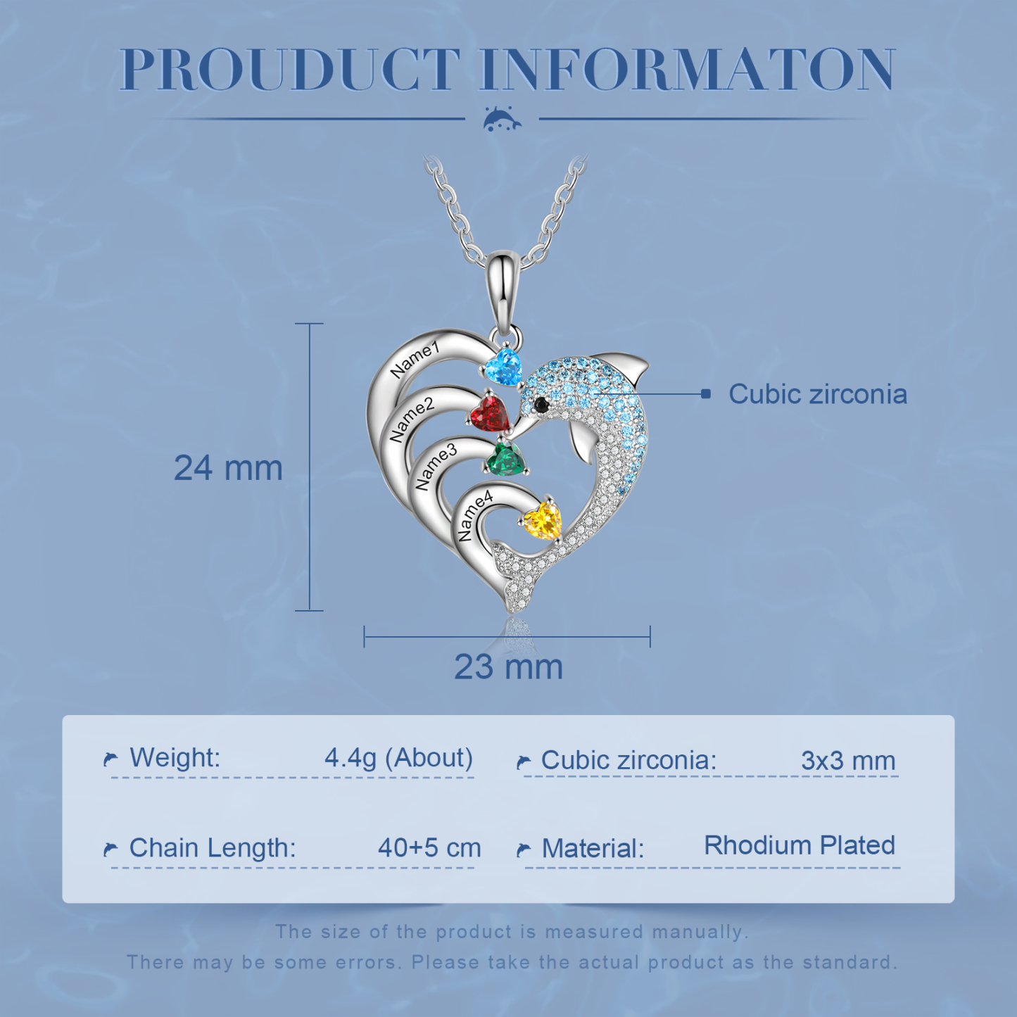 Personalised Heart Dolphin Necklace With 4 Birthstones Engraved Names Gift For Her-Jessemade AU