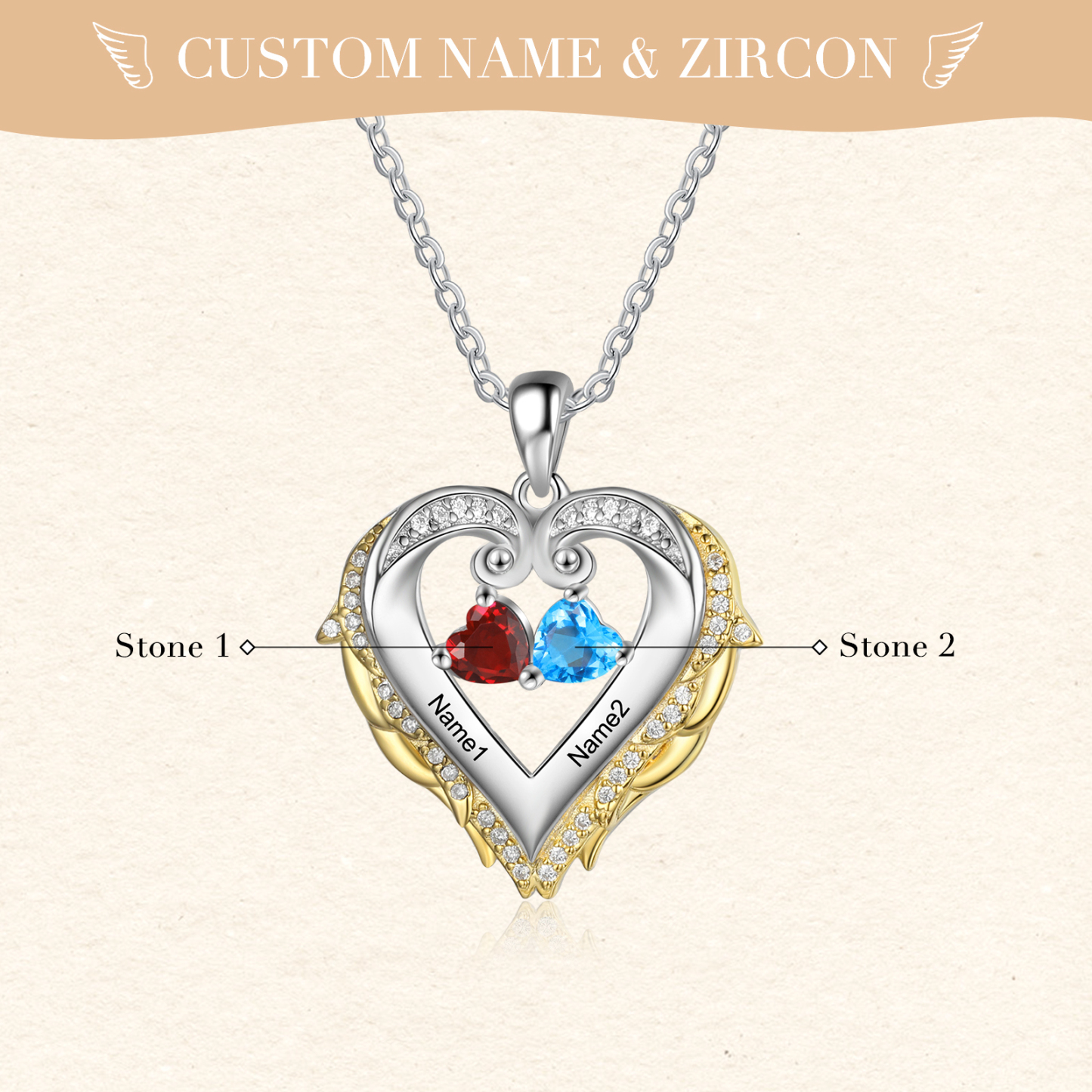 Personalised Heart Wings Necklace With 2 Birthstones Custom Names Gift For Her-Jessemade AU