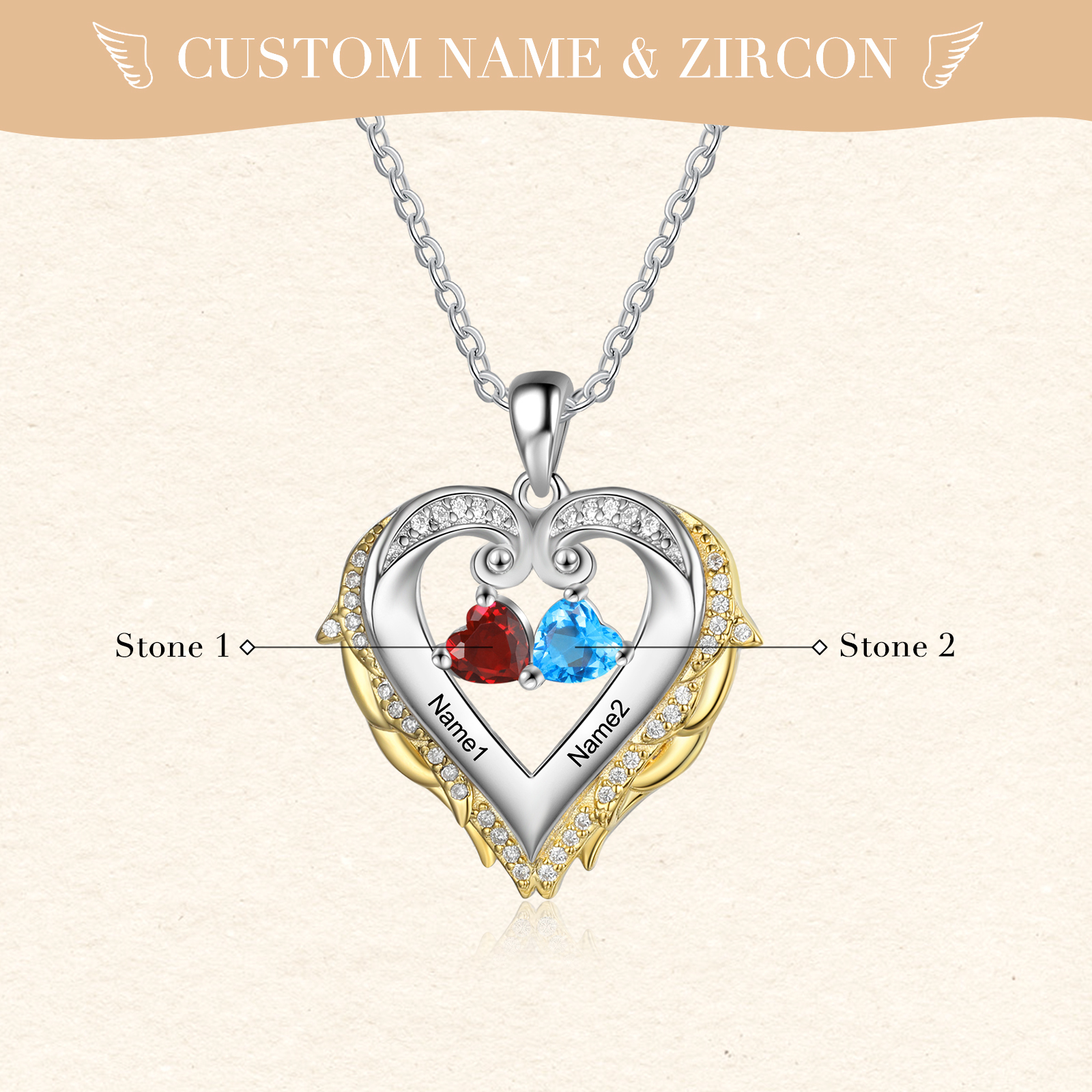 Personalised Heart Wings Necklace With 2 Birthstones Custom Names Gift For Her-Jessemade AU