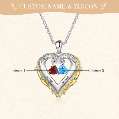 Personalised Heart Wings Necklace With 2 Birthstones Custom Names Gift For Her-Jessemade AU