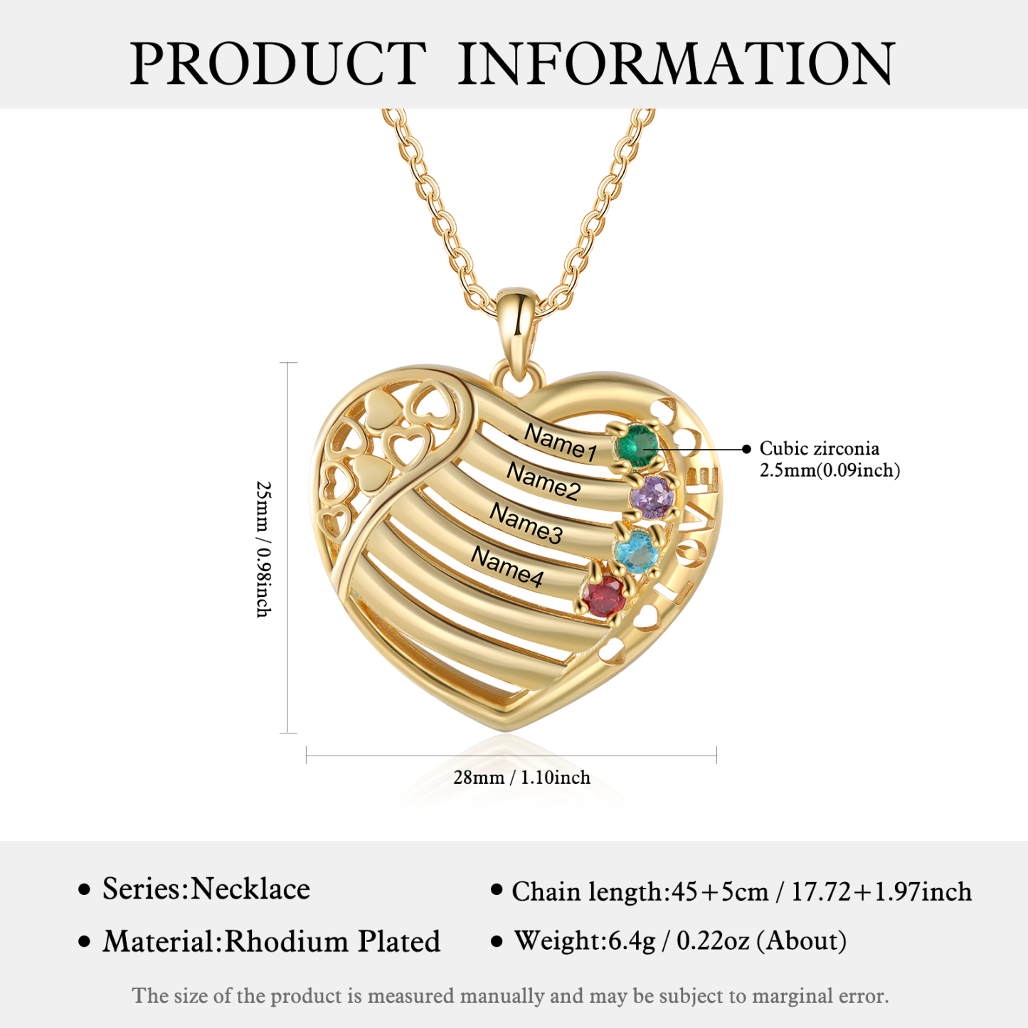 LOVE Heart Necklace Custom 4 Names & Birthstones Family Necklace Gifts For Her-Jessemade AU
