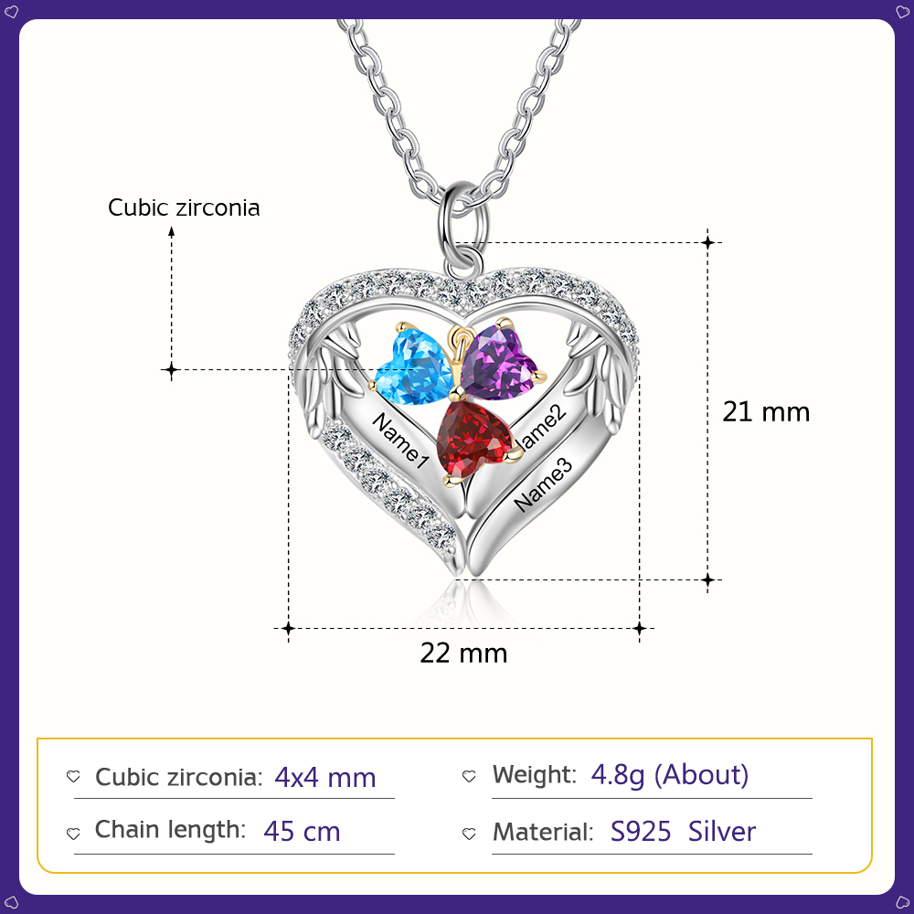 Personalised Wings Necklace With 3 Heart Birthstones Engraved Names Gift For Women-Jessemade AU