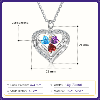 Personalised Wings Necklace With 3 Heart Birthstones Engraved Names Gift For Women-Jessemade AU