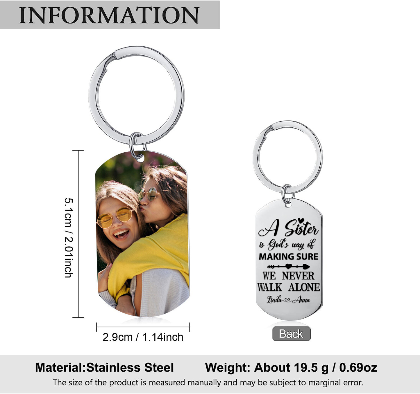 Personalised Sisters Photo Keychain Custom 2 Names Keyring “A Sister Is God's Way Of Making Sure We Never Walk Alone”  Birthday Gift For Besties-Jessemade AU