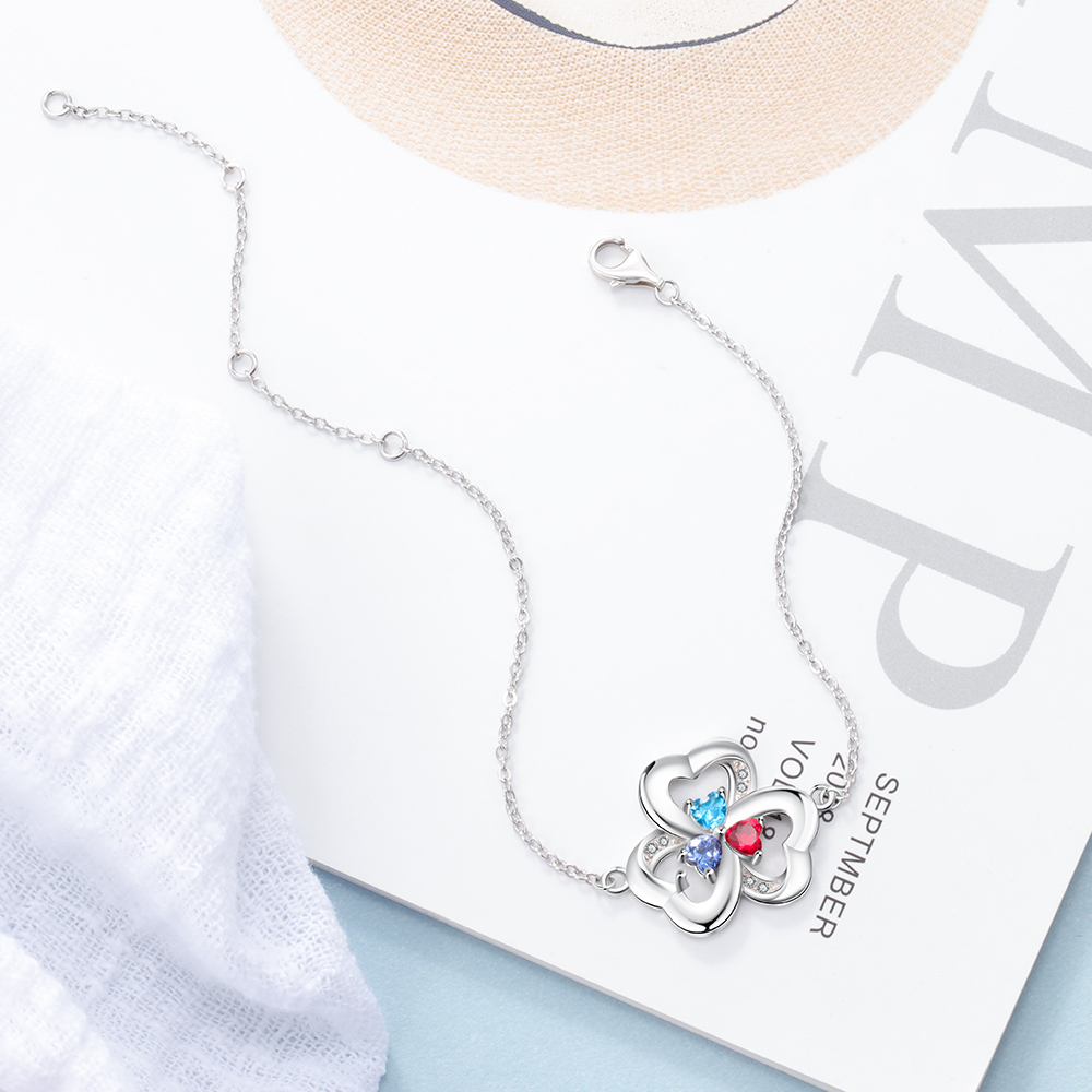 Personalised Heart Bracelet With 4 Birthstones Engraved Names Bracelet Gift For Women-Jessemade AU