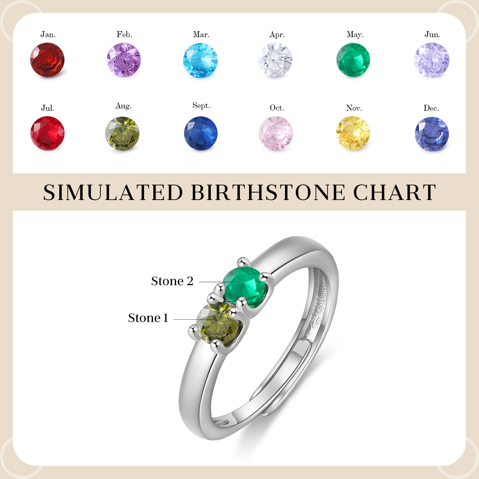 Personalised Women's Ring Customised 2 Birthstones Open Ring Birthday Gift for Women Girls-Jessemade AU