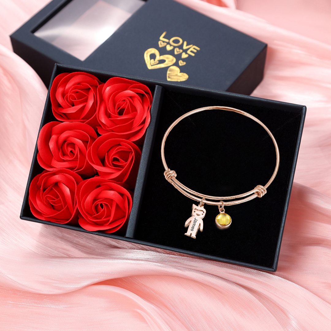 Bangle Bracelet with Kids Charms 1 Birthstone Rose Box Set